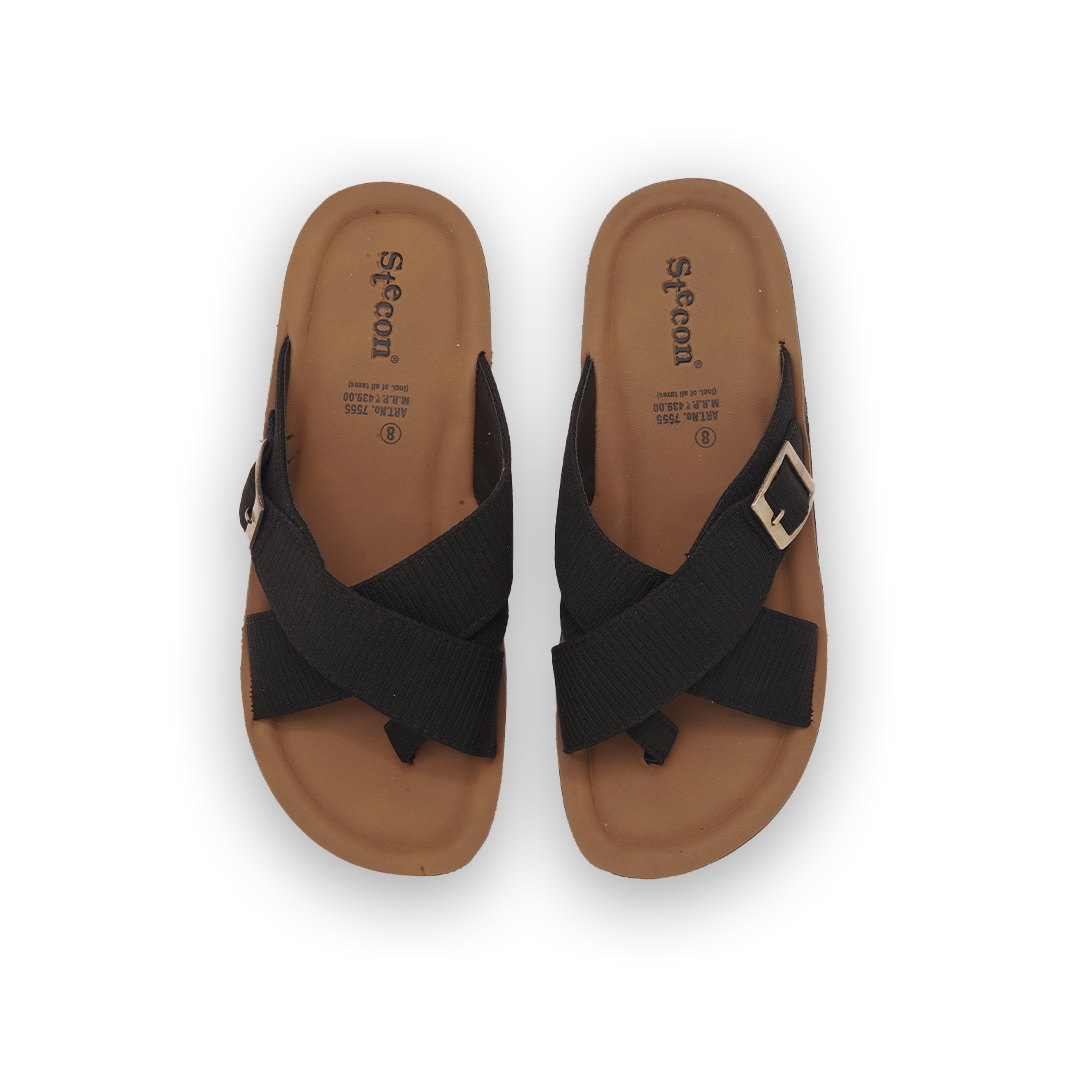 Men's Black Cross-Strap Slides -7555