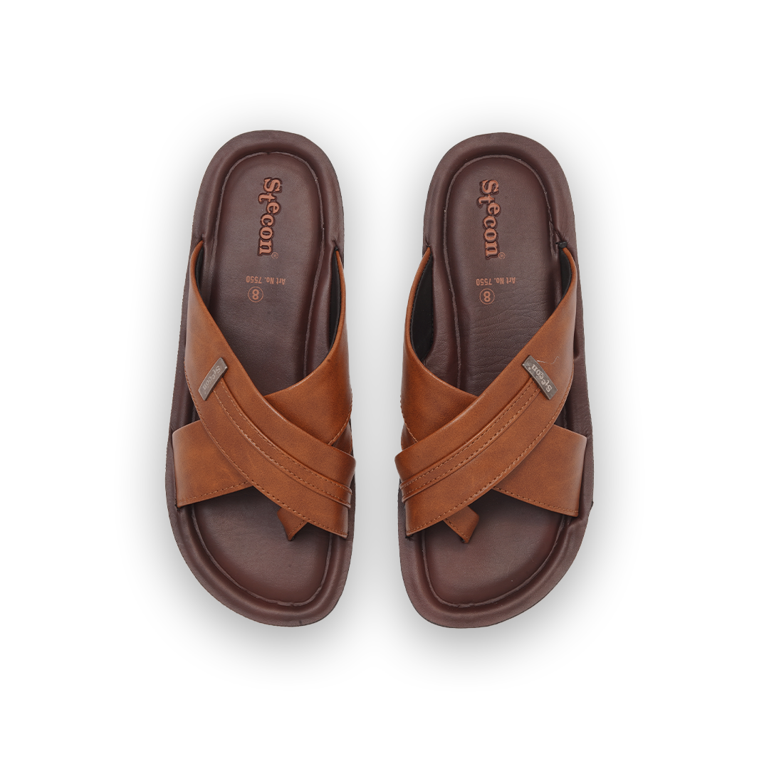 Men's Tan Cross-Strap Slides - 7550