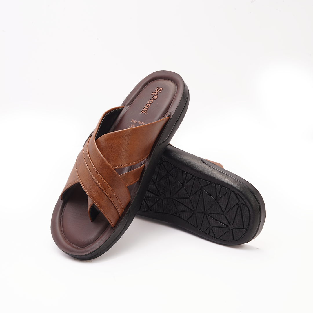 Men's Tan Cross-Strap Slides - 7550