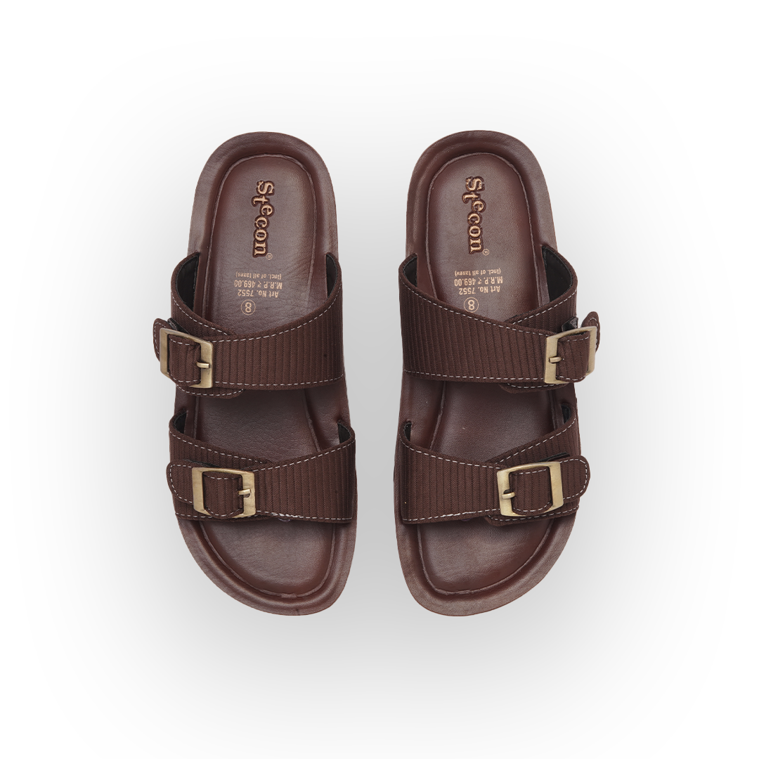 Men's Brown Double Buckle Slides - 7552