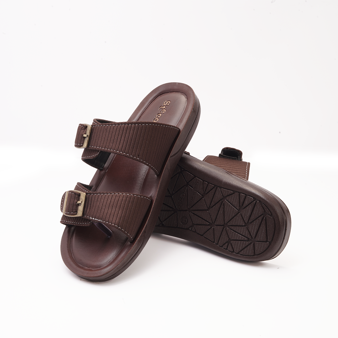 Men's Brown Double Buckle Slides - 7552