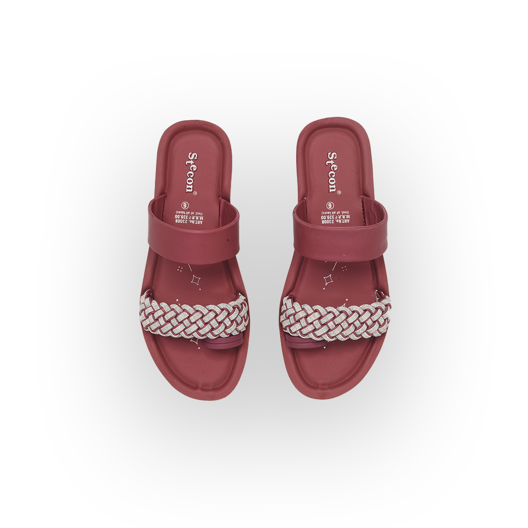 Women's Maroon Double Strap Slides with Braided Detail - 23008