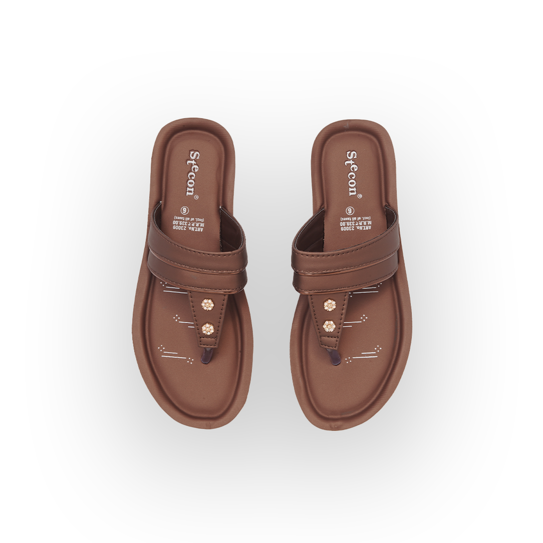 Women's Brown Thong Sandals with Metallic Accents - 23009