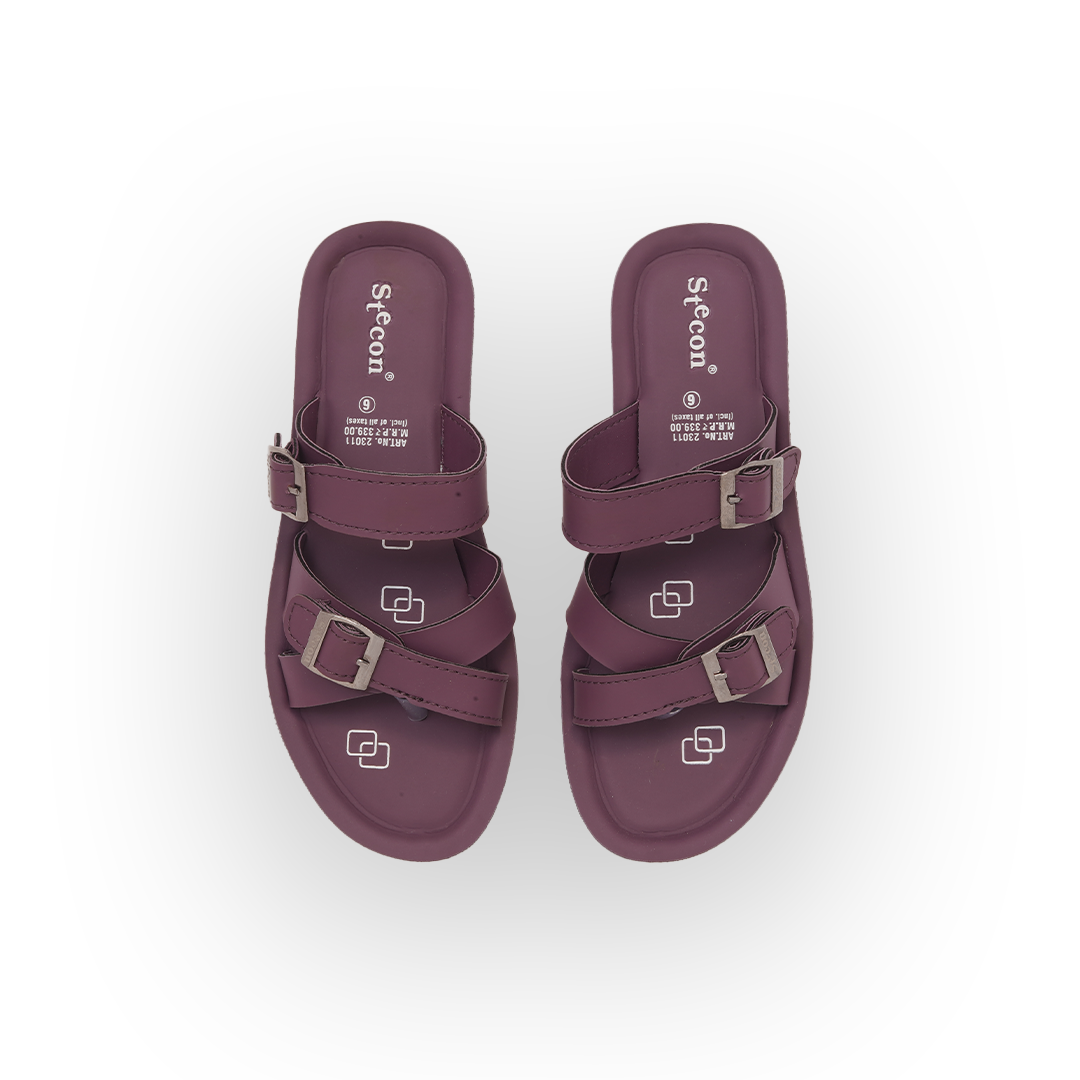 Women's Maroon Criss-Cross Slides with Double Buckles - 23011