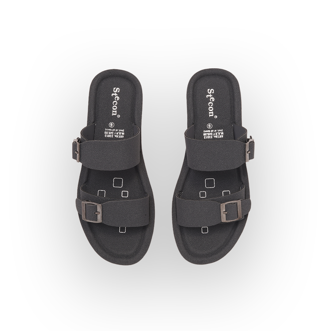 Women's Black Double Buckle Slides - 23013