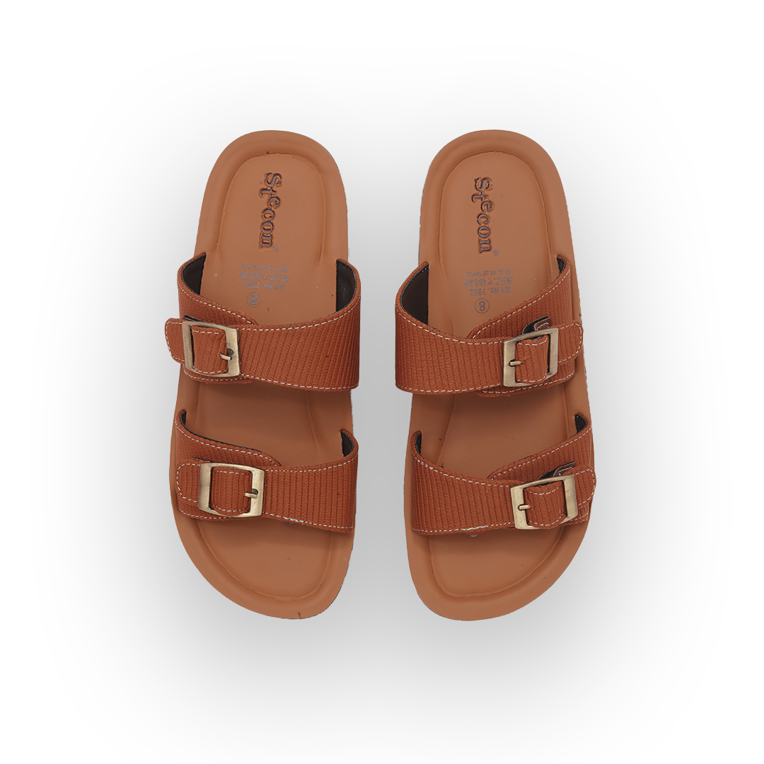 Men's Tan Double Buckle Slides - 7552