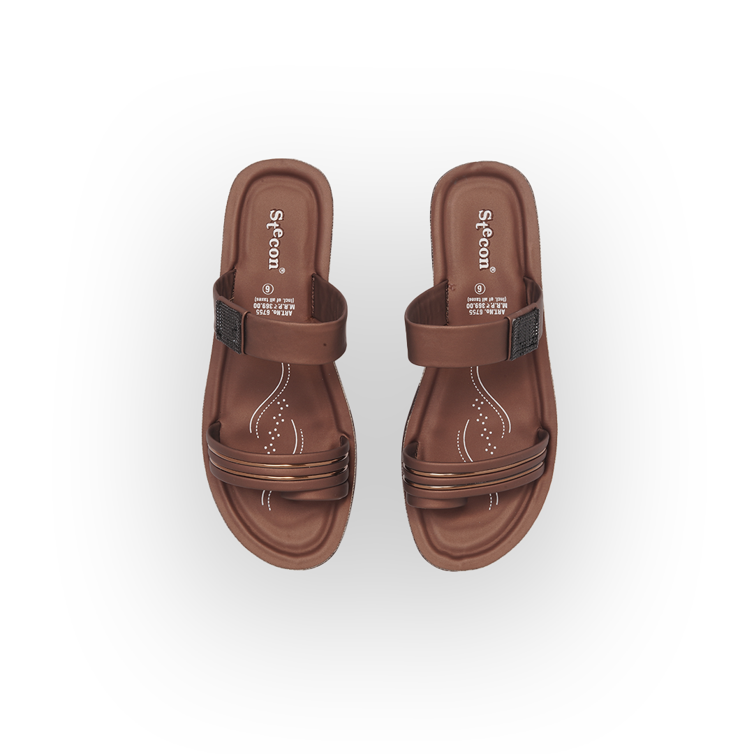 Women's Brown Double Strap Slides - 6755