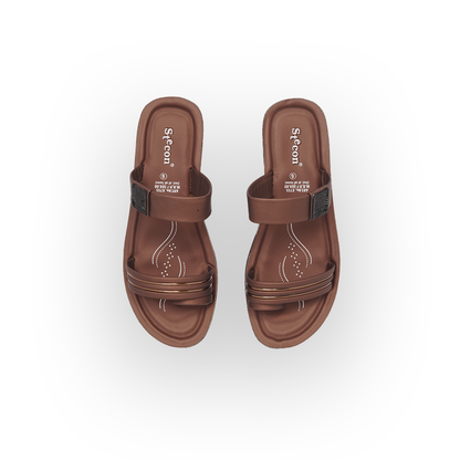 Women's Brown Double Strap Slides - 6755