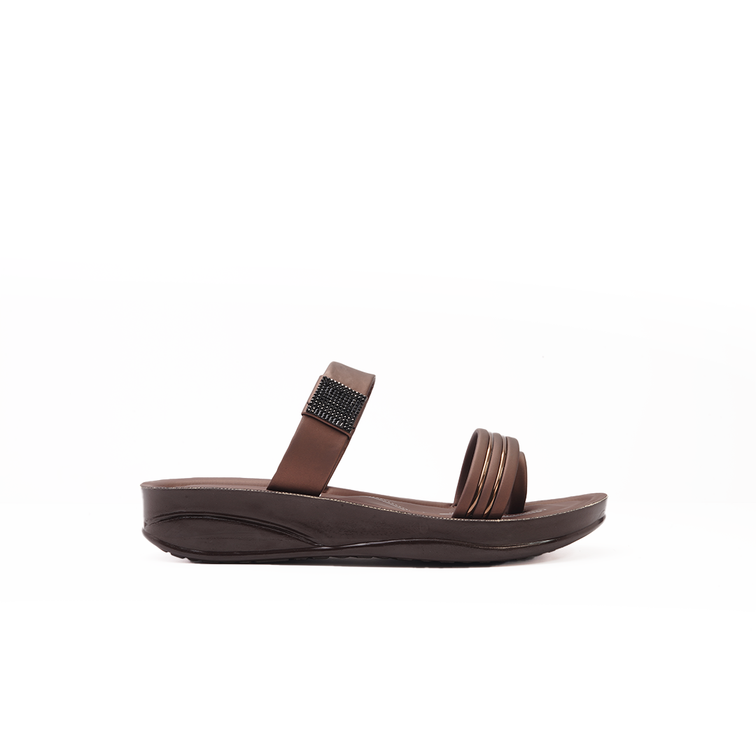 Women's Brown Double Strap Slides - 6755