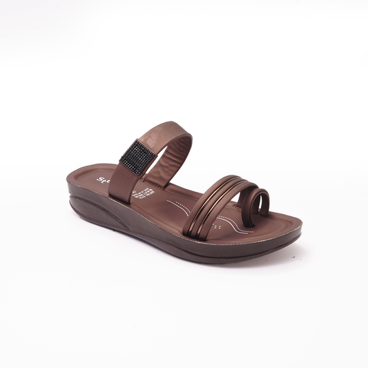 Women's Brown Double Strap Slides - 6755