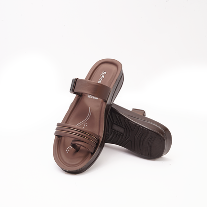 Women's Brown Double Strap Slides - 6755