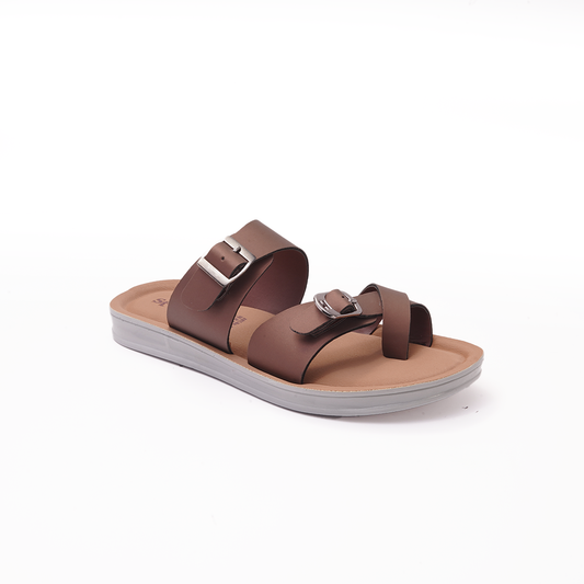 Women's Brown Cross-Strap Slides with Double Buckles - 23014
