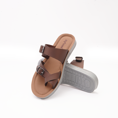 Women's Brown Cross-Strap Slides with Double Buckles - 23014