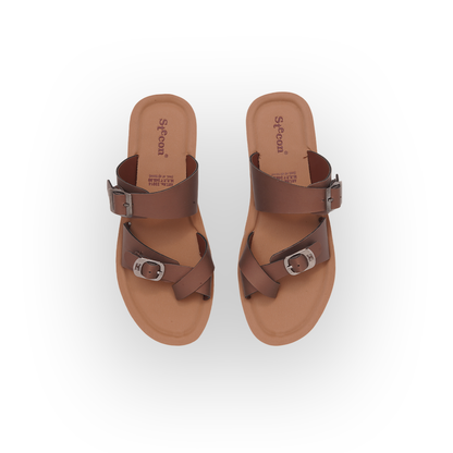 Women's Brown Cross-Strap Slides with Double Buckles - 23014