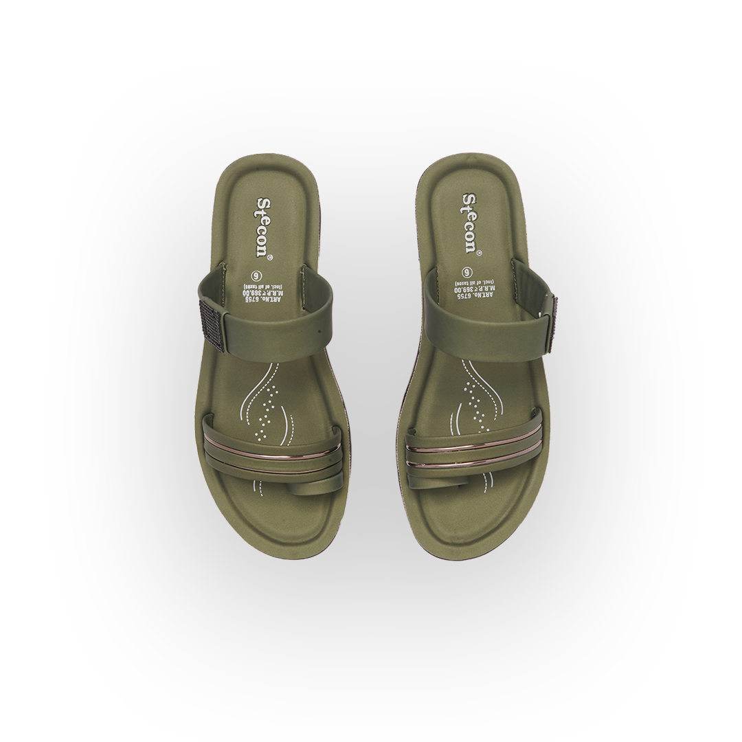 Women's Olive Green Double Strap Slides - 6755