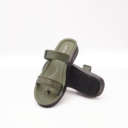 Women's Olive Green Double Strap Slides - 6755