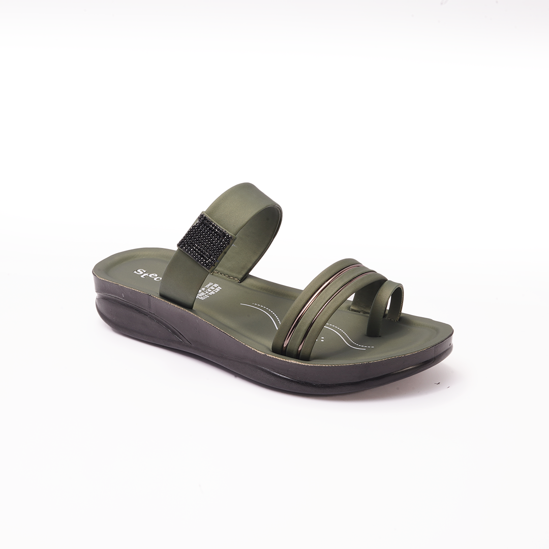 Women's Olive Green Double Strap Slides - 6755