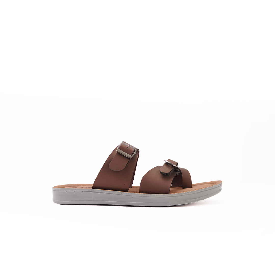 Women's Brown Cross-Strap Slides with Double Buckles - 23014
