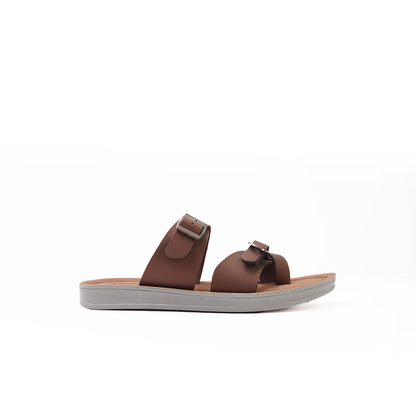 Women's Brown Cross-Strap Slides with Double Buckles - 23014