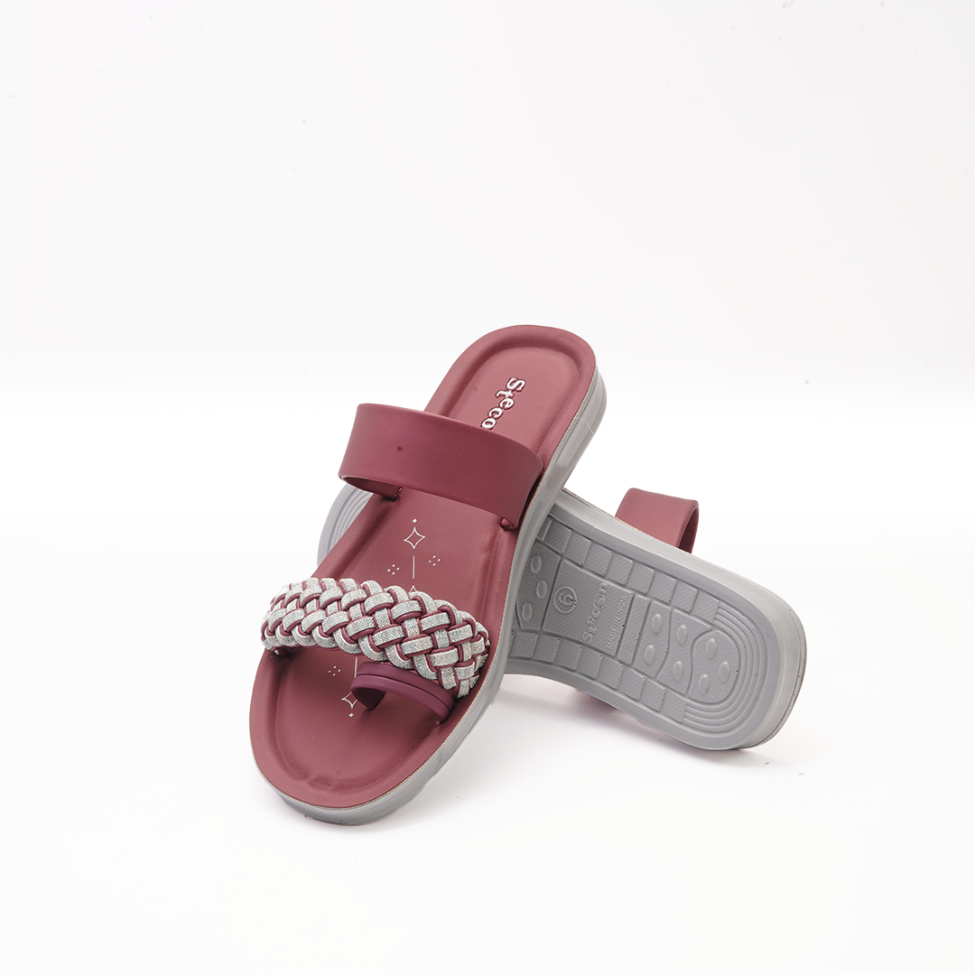 Women's Maroon Double Strap Slides with Braided Detail - 23008