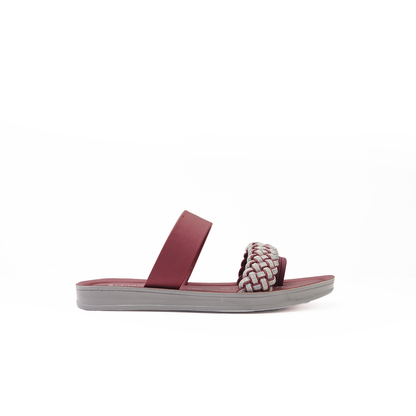 Women's Maroon Double Strap Slides with Braided Detail - 23008