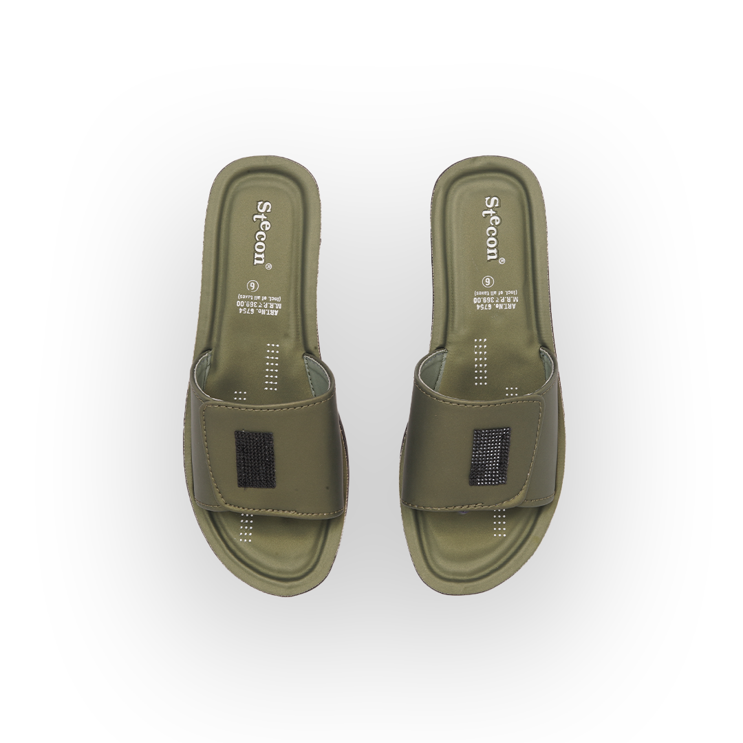 Women's Olive Green Slides - 6754