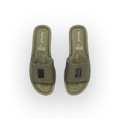 Women's Olive Green Slides - 6754