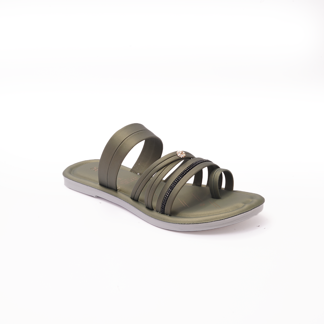 Women's Olive Green Slides with Embellished Straps - 5657