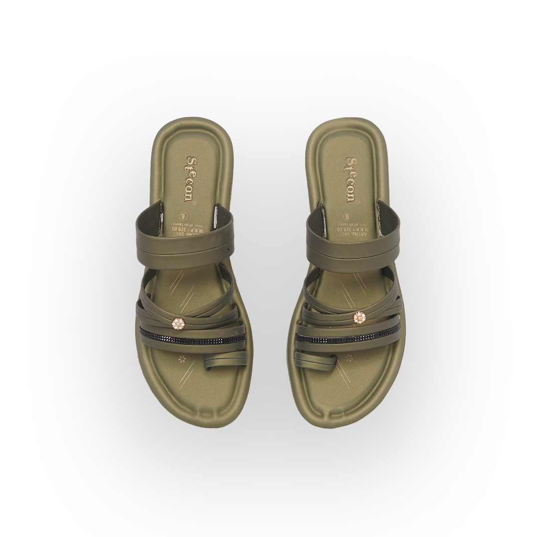 Women's Olive Green Slides with Embellished Straps - 5657