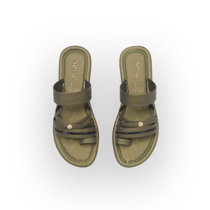 Women's Olive Green Slides with Embellished Straps - 5657