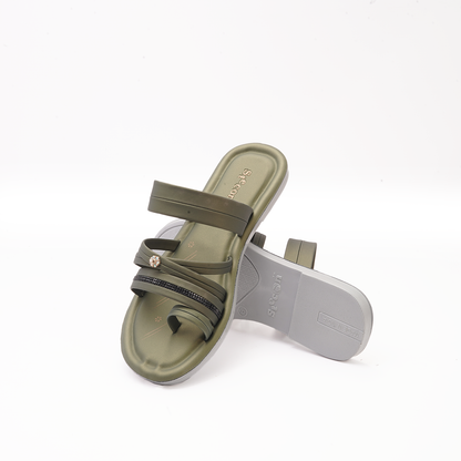 Women's Olive Green Slides with Embellished Straps - 5657