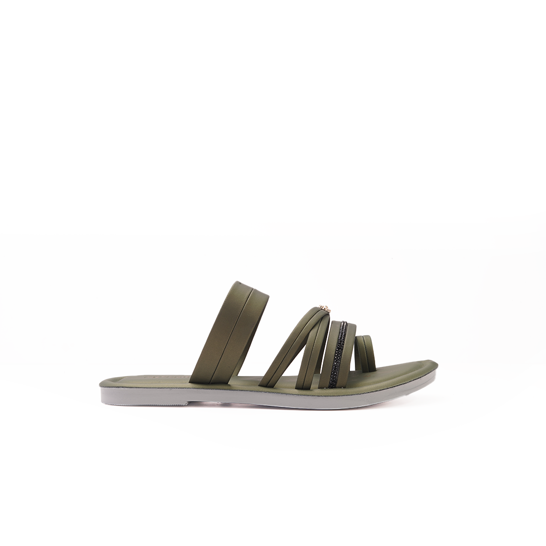 Women's Olive Green Slides with Embellished Straps - 5657